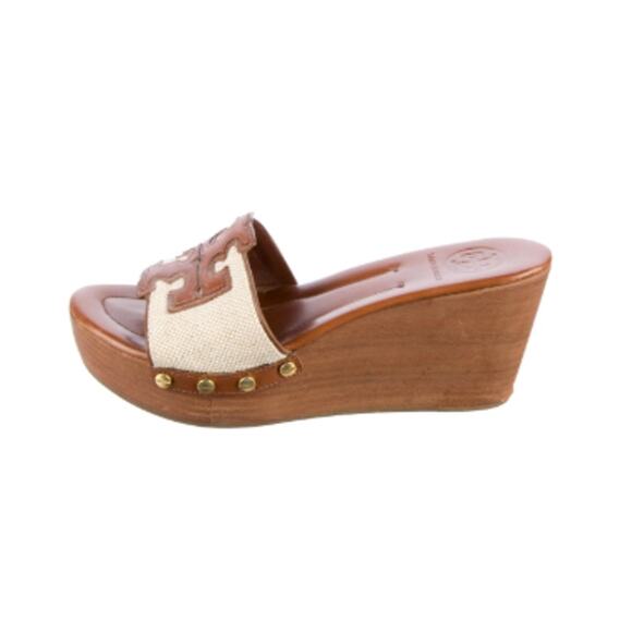 Tory Burch Terri Platform Wedge Slide Sandals in Natural Linen / Brown. - Picture 1 of 12